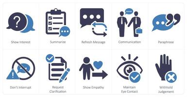 A set of 10 active listening icons as show interest, summarize, refresh message vector