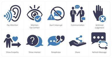 A set of 10 active listening icons as pay attention, maintain eye contact, don,t interrupt vector