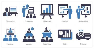 A set of 10 business presentation icons as presentation, explanation, white board vector