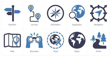 un conjunto de 10 aventuras íconos como dirección, viaje, orientación vector