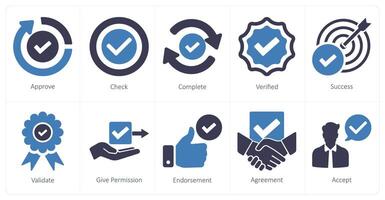 A set of 10 checkmark icons as approve, check, complete vector