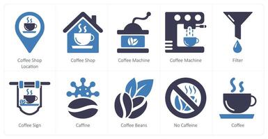 A set of 10 coffee icons as coffee shop location, coffee shop, coffee machine vector