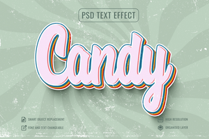candy text effect with a retro style grungy background psd