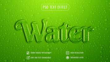 water text effect with droplets on a green background psd