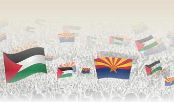 Palestine and Arizona flags in a crowd of cheering people. vector