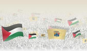 Palestine and New Jersey flags in a crowd of cheering people. vector