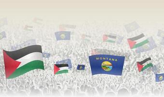 Palestine and Montana flags in a crowd of cheering people. vector