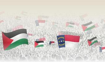 Palestine and North Carolina flags in a crowd of cheering people. vector