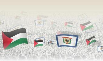 Palestine and West Virginia flags in a crowd of cheering people. vector