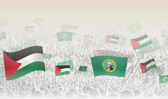 Palestine and Washington flags in a crowd of cheering people. vector