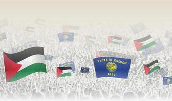 Palestine and Oregon flags in a crowd of cheering people. vector
