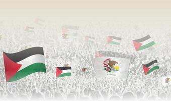 Palestine and Illinois flags in a crowd of cheering people. vector