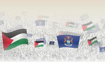 Palestine and Michigan flags in a crowd of cheering people. vector