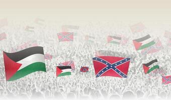 Palestine and Confederate flags in a crowd of cheering people. vector