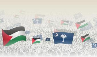 Palestine and South Carolina flags in a crowd of cheering people. vector