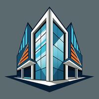 un moderno edificio presentando un sorprendentes azul y naranja diseño con asimétrico ventanas, un futurista edificio con asimétrico ventanas y un reflexivo fachada vector