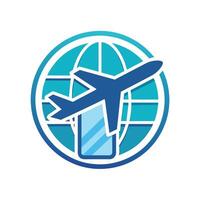 A blue and white airplane soaring above a globe on a clean and minimalist design, A clean and minimalist design with a passport and airplane icon vector