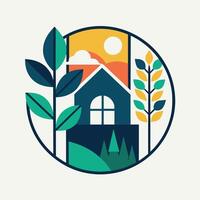 A house standing among trees as the sun sets in the background, A minimalist graphic symbolizing the harmony between indoor and outdoor spaces vector