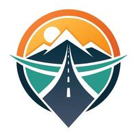 A road stretches into the distance with a towering mountain in the background, A bold, minimalist design with a road icon symbolizing travel adventures vector