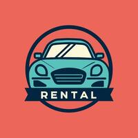 A blue car with the word rental displayed prominently on its side, A minimalist design showcasing a car rental service name in a clean font vector