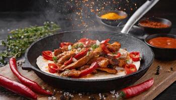 A plate and frying pan of fajitas with beef tacos, tortillas and salsa sauce photo