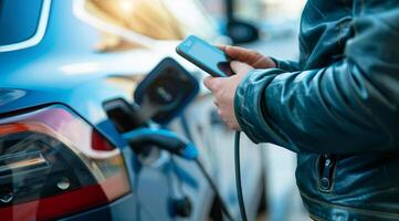 un hombre es cargando su eléctrico coche foto