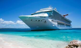 A large cruise ship is docked at the beach during vacation surrounded with blue turquoise water photo