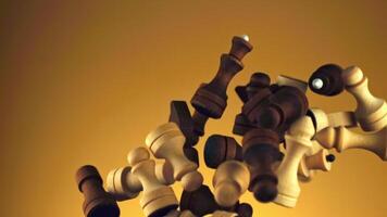 A collection of wooden chess pieces arranged in a circle on a vibrant yellow background, creating a stunning art display. Ideal for macro photography or as a unique event centerpiece video