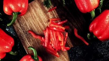 Super slow motion chopped sweet peppers fall on a cutting board. High quality FullHD footage video