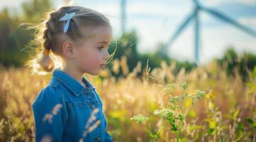 A girl stands in a field of flowers next to a wind farm that produces green sustainable energy photo