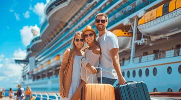 A family of four is posing for a picture in front of a cruise ship before going on vacation photo