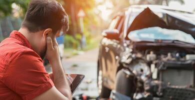 A man sits on the ground next to a car that has been in an accident photo