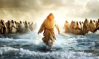 Moisés Guías el éxodo de el israelitas y judios fuera de Egipto y a través de el rojo mar foto