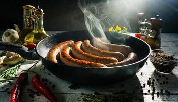 A frying pan of hot beef sausages with spices and oil on a rustic table photo