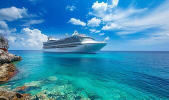 A large cruise ship is docked at the beach during vacation surrounded with blue turquoise water photo