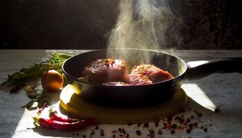 Delicious meat stakes cooked on a pan. Wooden cutting board with spices and oil photo