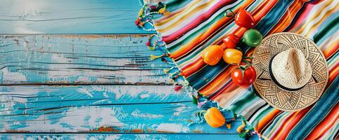 Mexico festive wooden background with sombrero, serape and maracas in flat lay view photo
