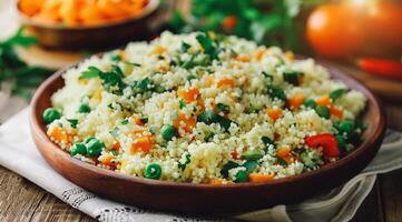 A bowl of couscous with a variety of vegetables and grains photo