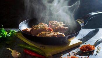 Delicious meat stakes cooked on a pan. Wooden cutting board with spices and oil photo