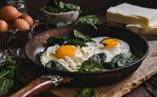 A pan of sunny side up eggs and spinach is on a wooden table with cheese photo