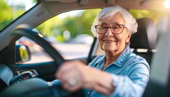 un contento mayor mujer en lentes es conducción un coche y sonriente foto