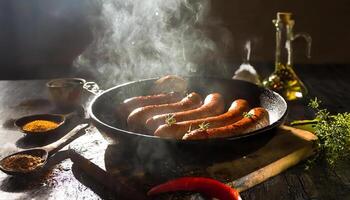 A frying pan of hot beef sausages with spices and oil on a rustic table photo