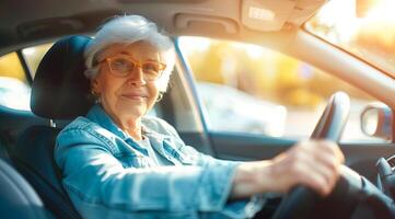 un contento mayor mujer en lentes es conducción un coche y sonriente foto