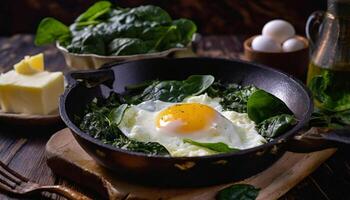A pan of sunny side up eggs and spinach is on a wooden table with cheese photo