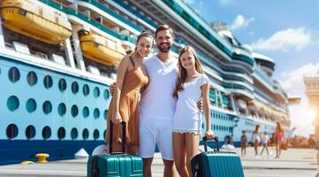 A family of four is posing for a picture in front of a cruise ship before going on vacation photo