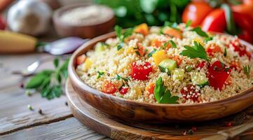 A bowl of couscous with a variety of vegetables and grains photo