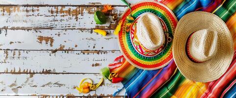 Mexico festive wooden background with sombrero, serape and maracas in flat lay view photo