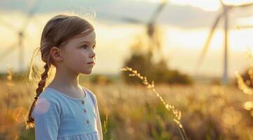 A girl stands in a field of flowers next to a wind farm that produces green sustainable energy photo