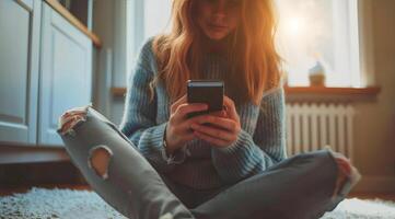 Teenager browsing internet on mobile device and playing with smartphone apps photo