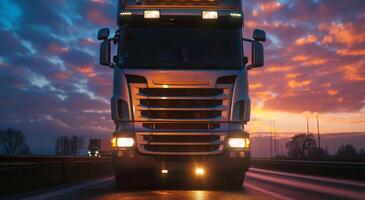 Long haul container truck carrying commercial cargo delivery . Close-up and low-angle photo